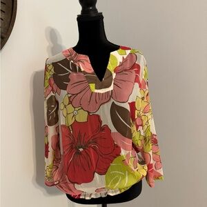 Chico's Red and Brown Graphic 3/4 Sleeve Blouse